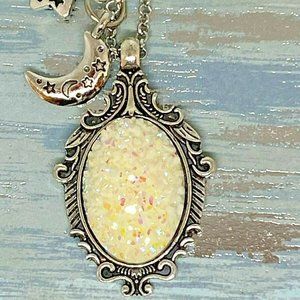 Celestial Druzy Necklace Moon Stars Charm Silver